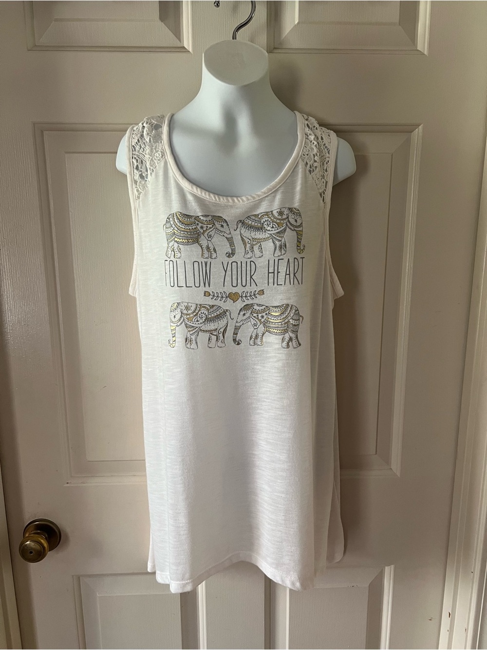 Women’s Cream Lace-Shoulder Tank with Elephant Graphic